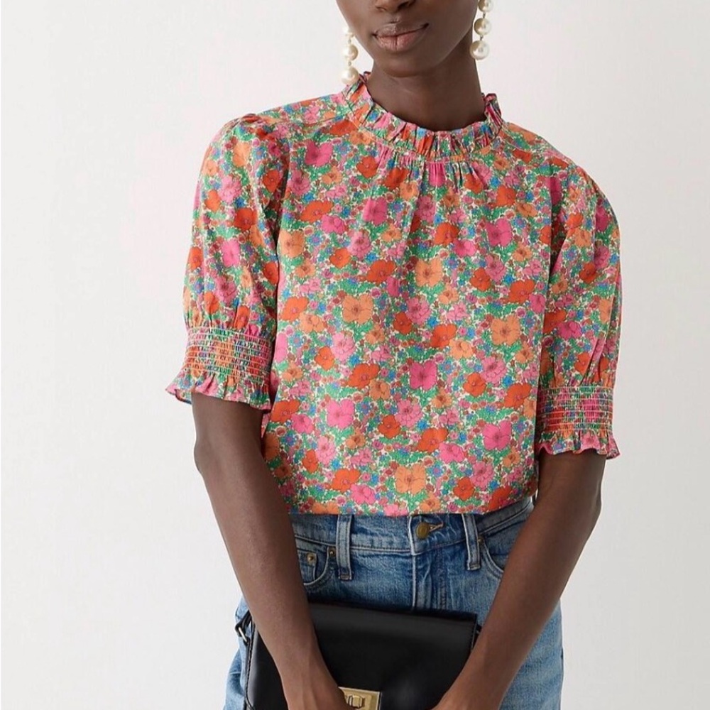 J. Crew Pink and Orange Floral Smocked-Neck Blouse